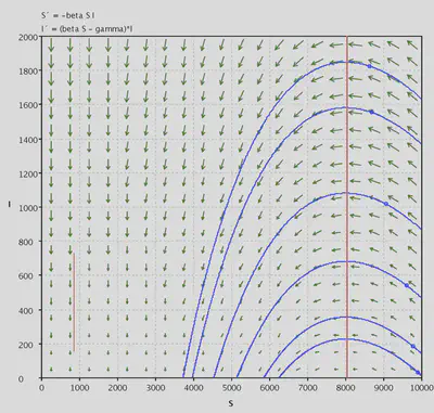 Phase plane with $\beta=1.25\times10^{-4}$, $S^*=8000$